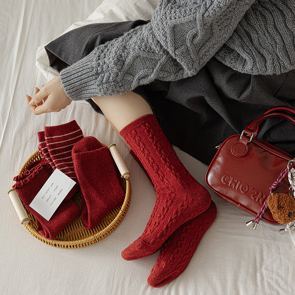  【Buy one, get three】Red Socks for Women Snake Year New Year Ins Angora Red Wool Christmas Slouch Socks