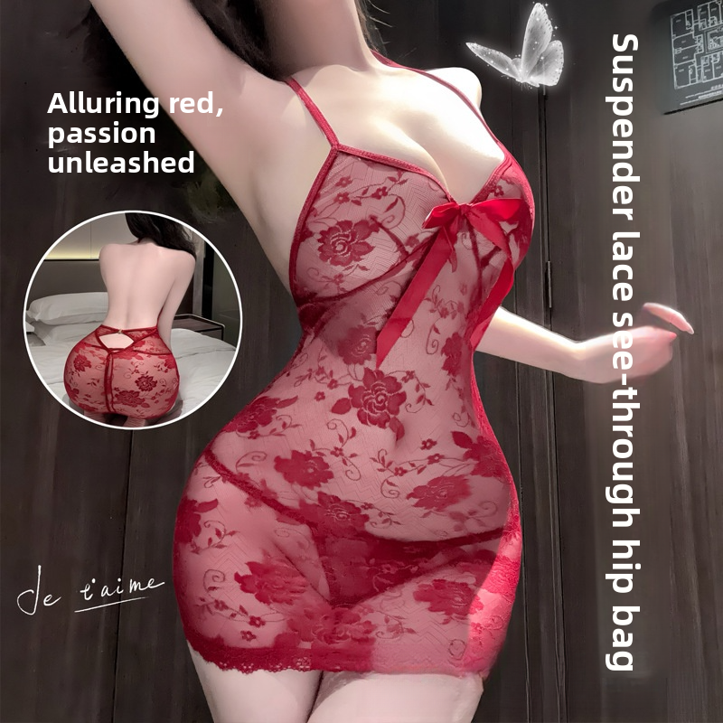  Sexy Lingeri Pure Desire Rose Backless Nightdress Sexy Lace Temptation 