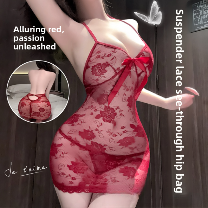  Sexy Lingeri Pure Desire Rose Backless Nightdress Sexy Lace Temptation 