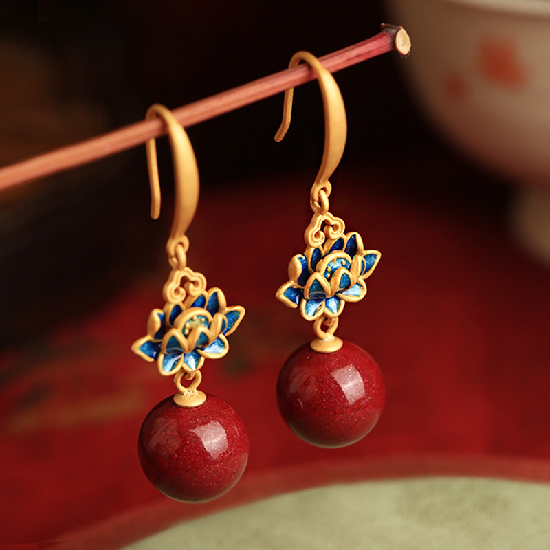Lotus Earrings for Women Red New Chinese Style National Style