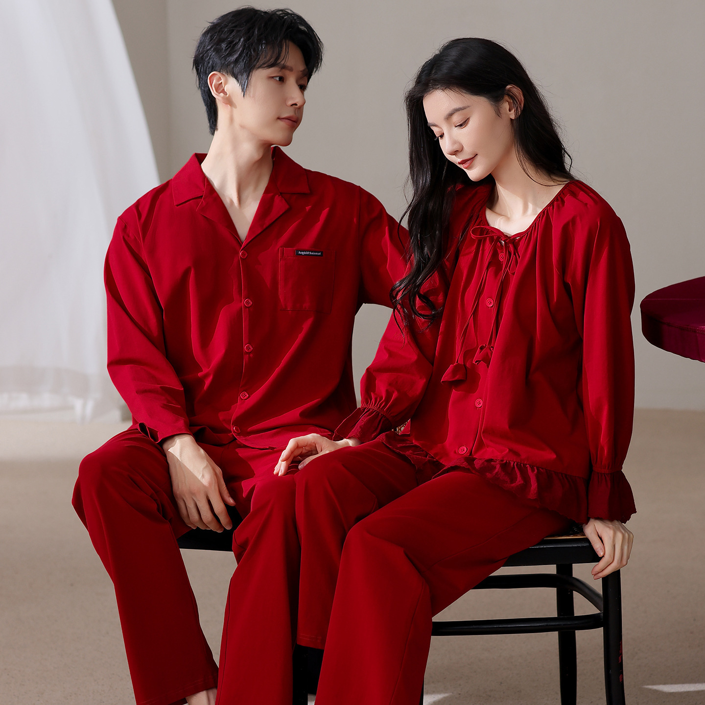 Pure Cotton Long Sleeve Cardigan Red Comfortable Wedding Pajamas for Women Home Wear