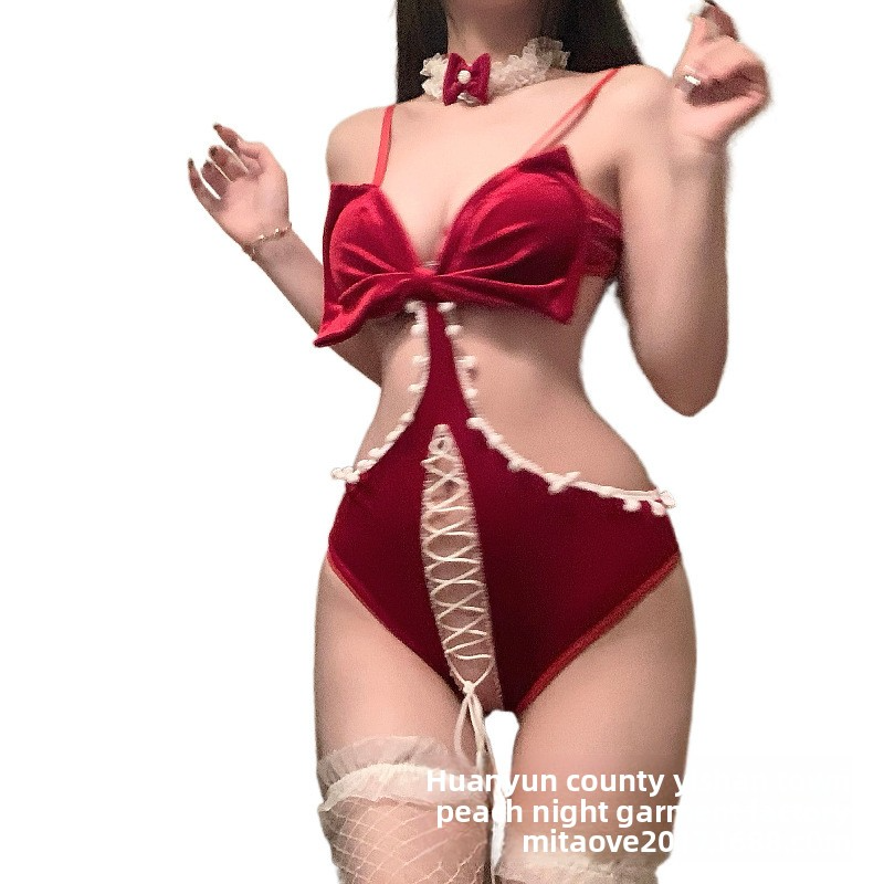 Sexy Red Plush Christmas Dress with Bowknot