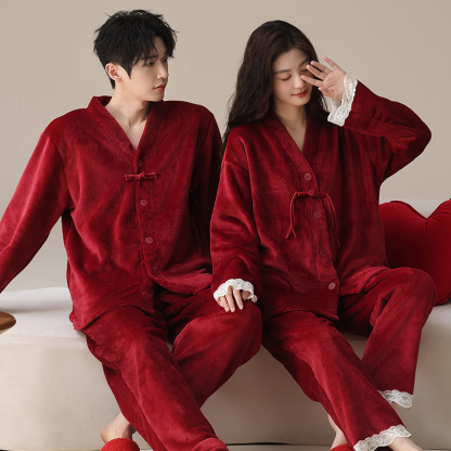 Couple's Winter Red Coral Fleece Pajamas, Thickened and Lined