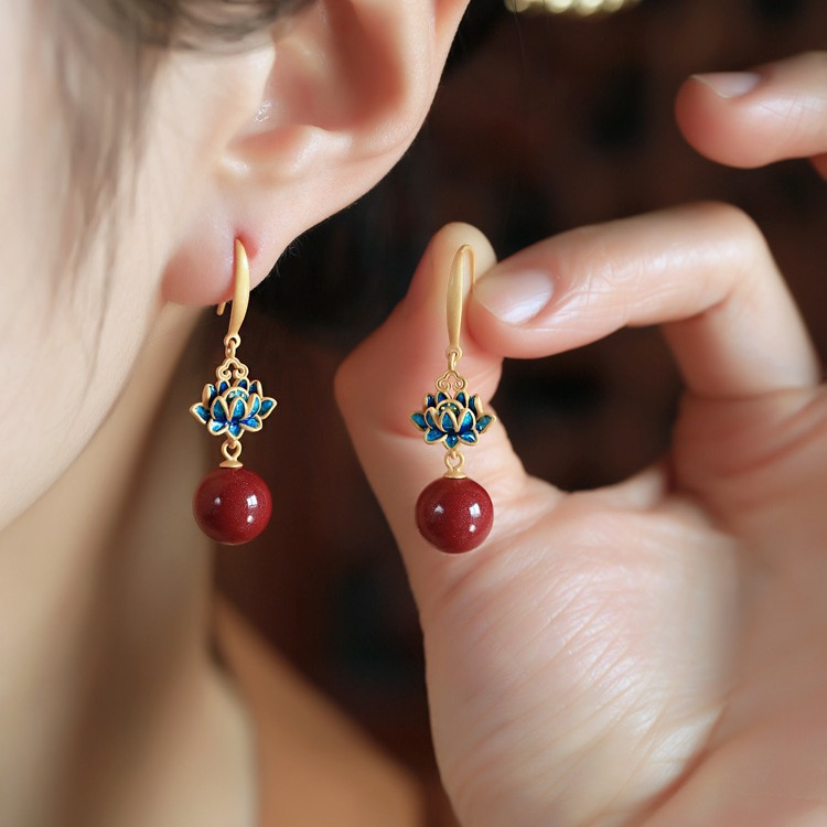 Lotus Earrings for Women Red New Chinese Style National Style