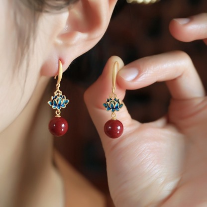 Lotus Earrings for Women Red New Chinese Style National Style