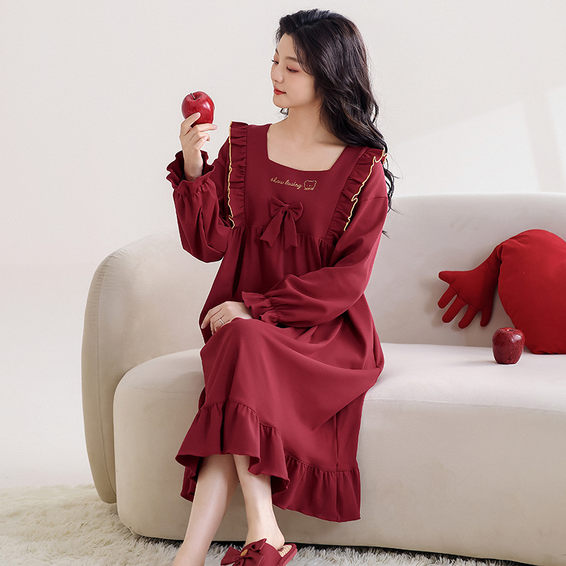 Red Nightdress for Women Long Sleeve Pure Cotton Zodiac Year