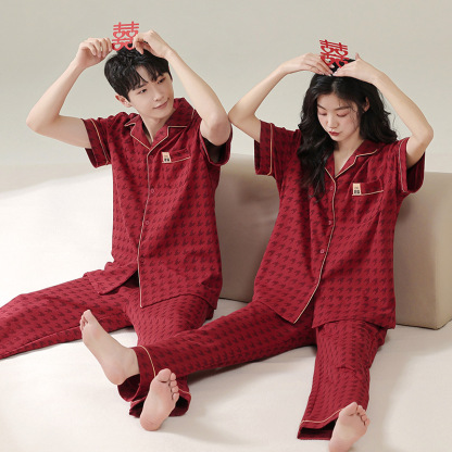 Wedding Pajamas Cotton Short Sleeve Long Pants Red Zodiac Year