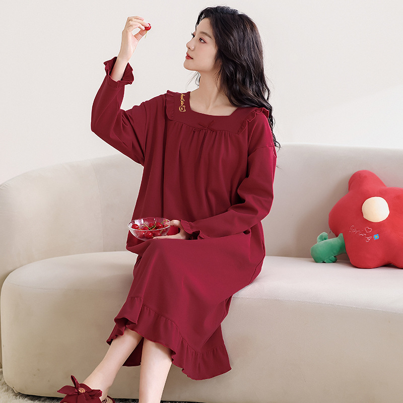 Red Nightdress for Women Long Sleeve Pure Cotton Zodiac Year