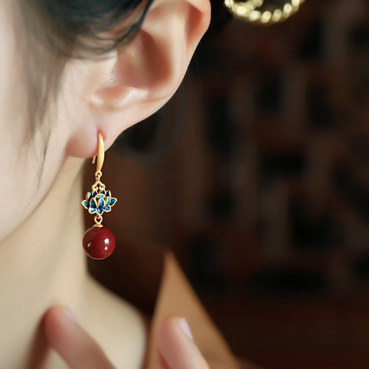 Lotus Earrings for Women Red New Chinese Style National Style