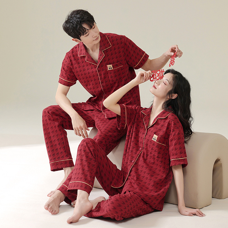 Wedding Pajamas Cotton Short Sleeve Long Pants Red Zodiac Year