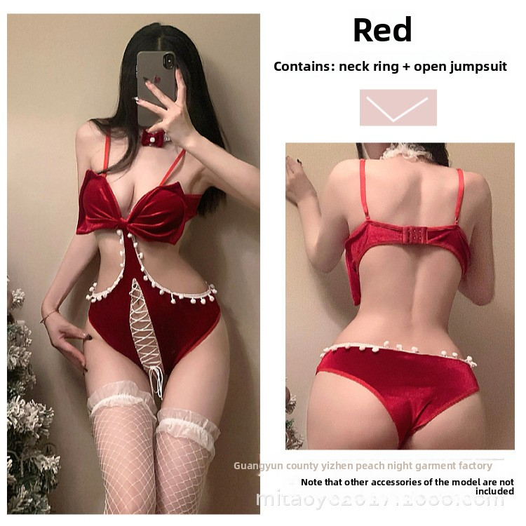 Sexy Red Plush Christmas Dress with Bowknot