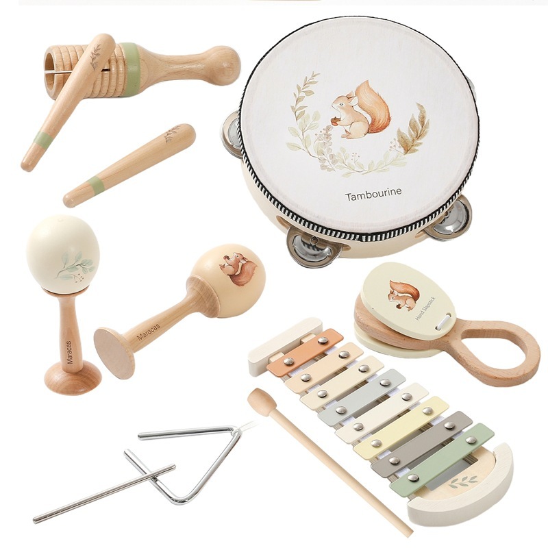 Wooden Orff Instrument Set: Baby Early Education Soothing敲琴 (xylophone), 敲鼓 (drum), 沙锤 (maracas), 摇铃 (hand bells) Musical Toys