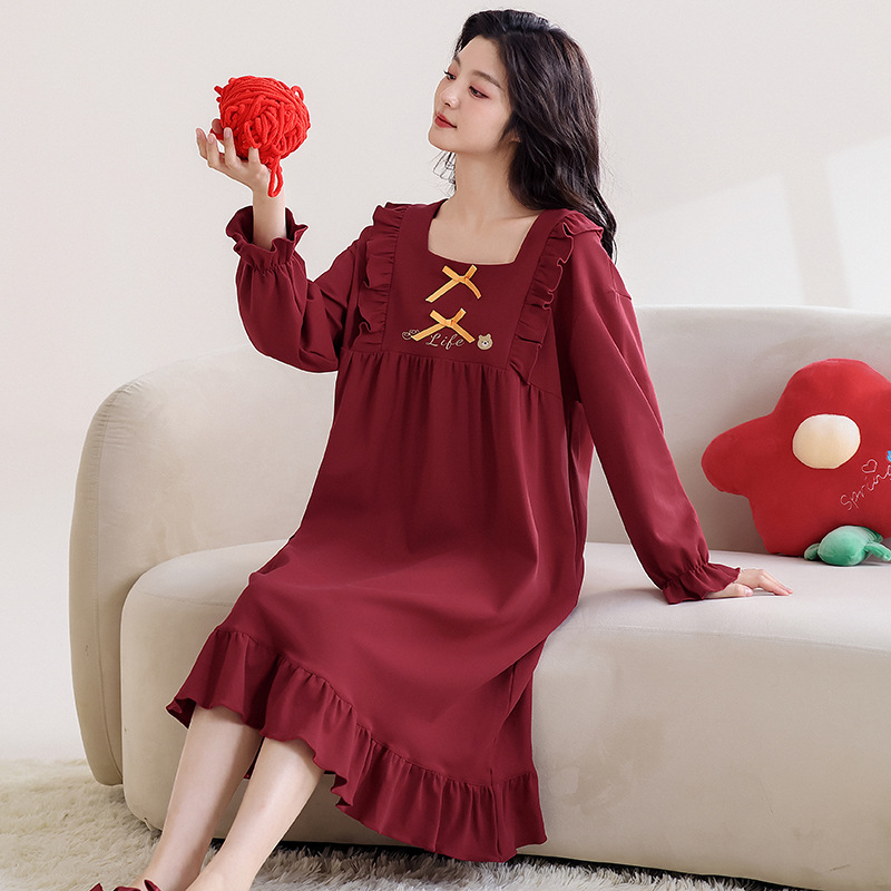 Red Nightdress for Women Long Sleeve Pure Cotton Zodiac Year