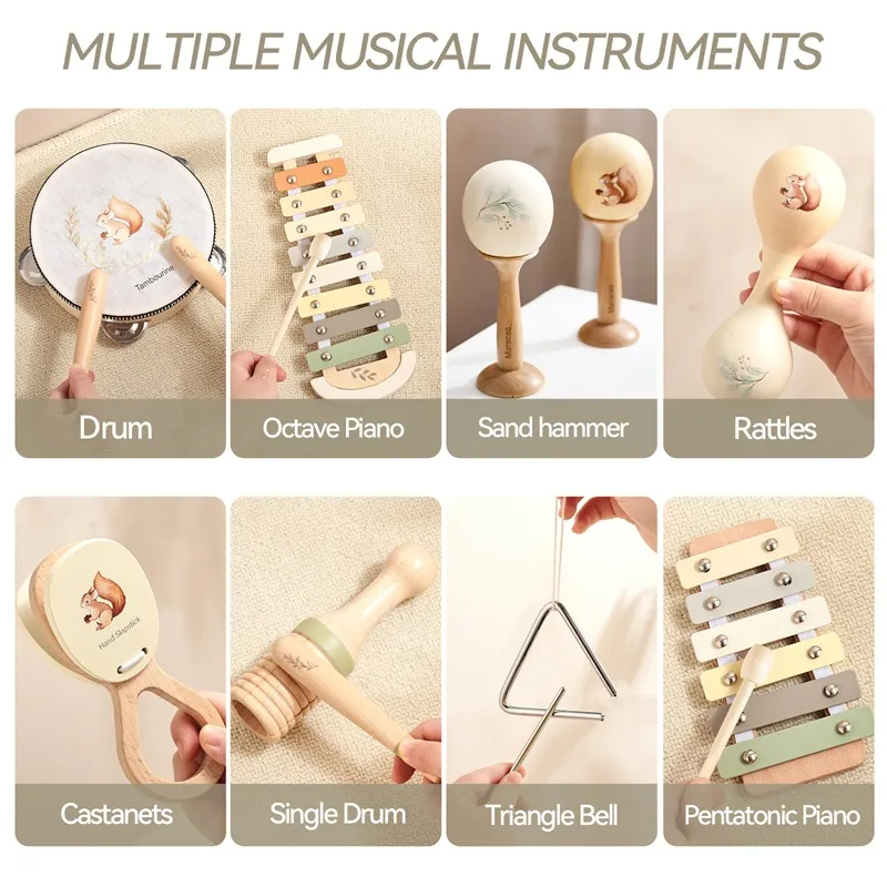 Wooden Orff Instrument Set: Baby Early Education Soothing敲琴 (xylophone), 敲鼓 (drum), 沙锤 (maracas), 摇铃 (hand bells) Musical Toys