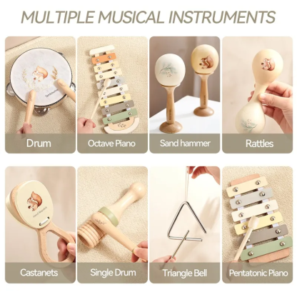 Wooden Orff Instrument Set: Baby Early Education Soothing敲琴 (xylophone), 敲鼓 (drum), 沙锤 (maracas), 摇铃 (hand bells) Musical Toys