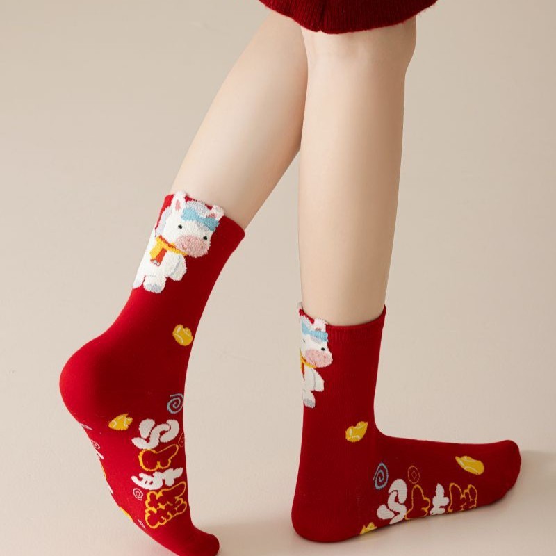 【Buy one, get three】Red Socks for Women in the Year of the Horse  Autumn Winter Mid-Calf Socks 