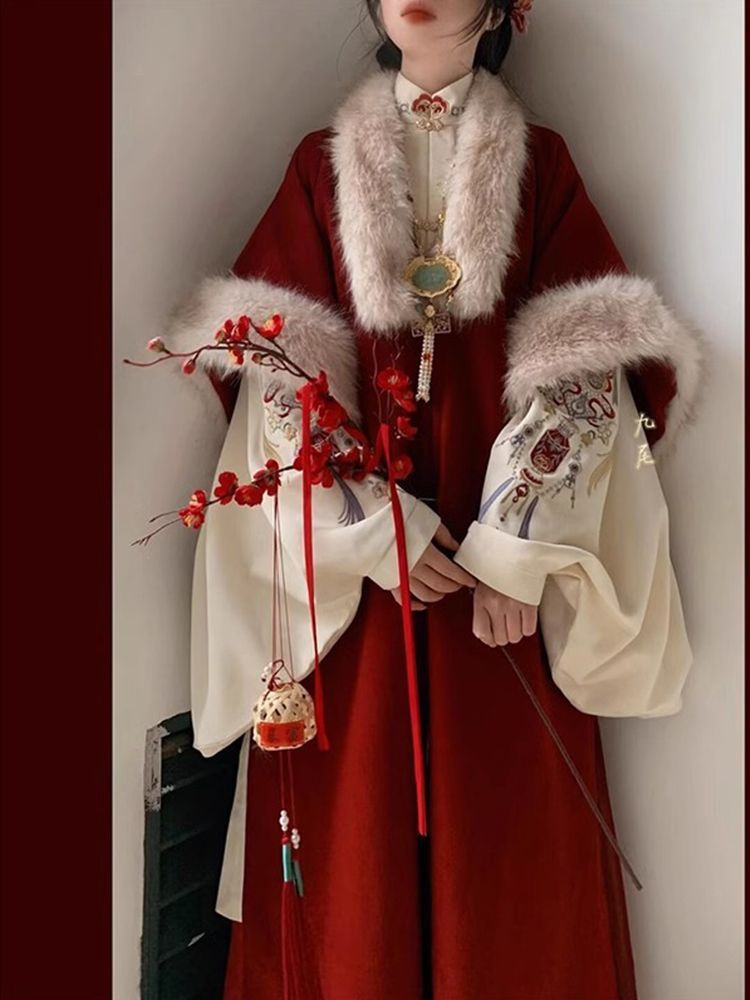 New Year Red Hanfu Celebration Outfit Double-Breasted Long Shirt with Horse Face Skirt