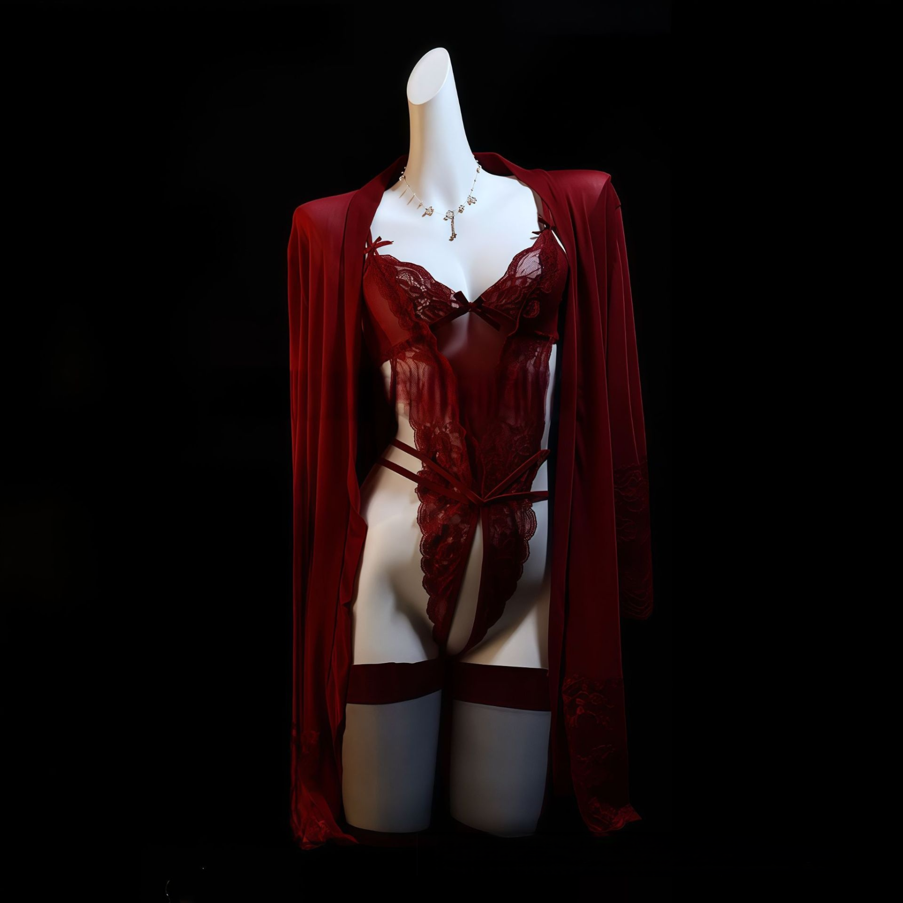 Sexy Small Chest Lace Red Uniform Open Crotch Bodysuit Hollow Out 