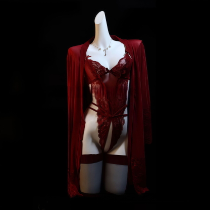 Sexy Small Chest Lace Red Uniform Open Crotch Bodysuit Hollow Out 