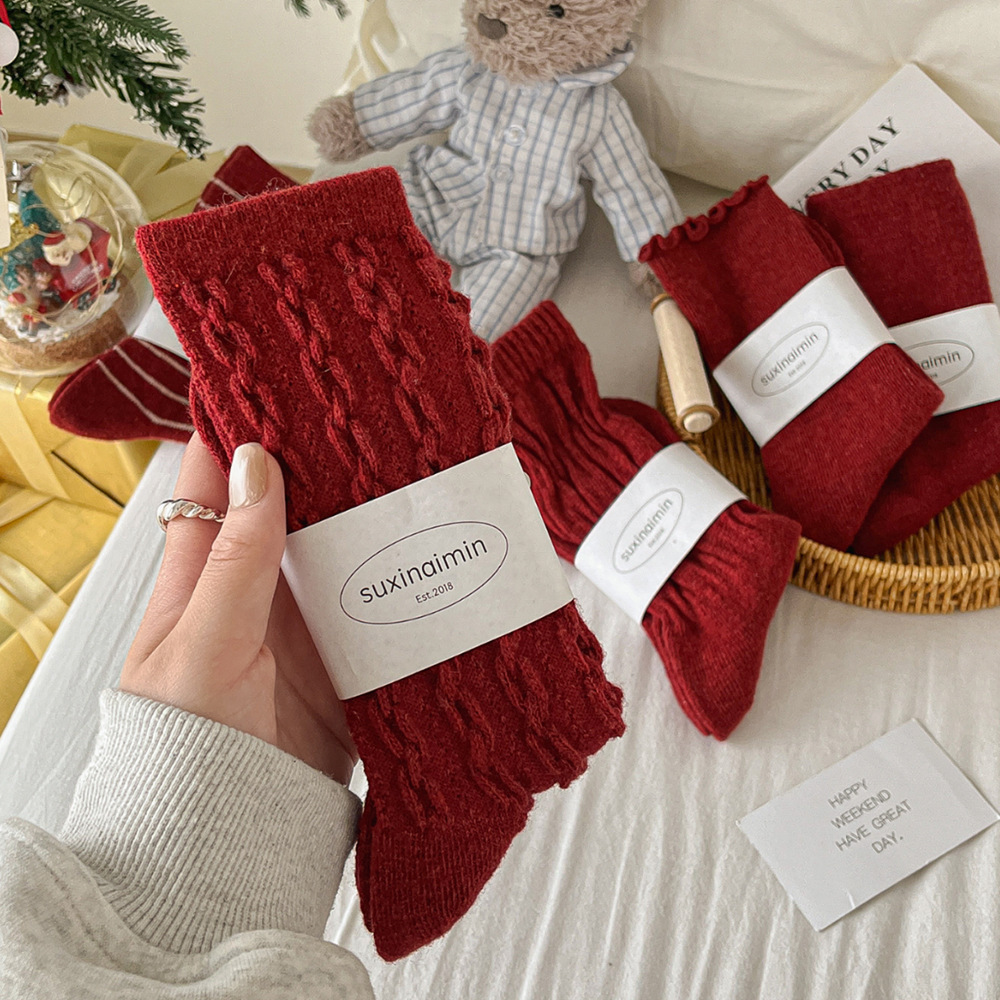  【Buy one, get three】Red Socks for Women Snake Year New Year Ins Angora Red Wool Christmas Slouch Socks