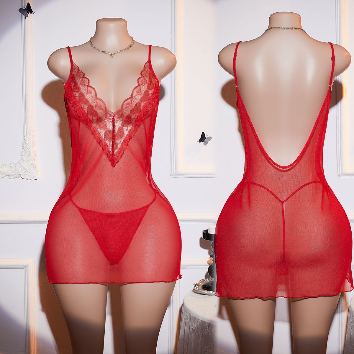 Women's Red Lingerie Set Sexy Thin Lace Trim Transparent 