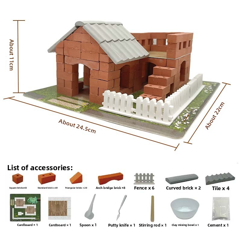 House-building toys: mini bricks, DIY real brick wall building, little bricklayer architect, children's house construction