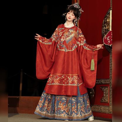 Ming Dynasty Style Long Shirt Round Neck Robe Horse Face Skirt Heavy Craft Print Autumn Winter Set