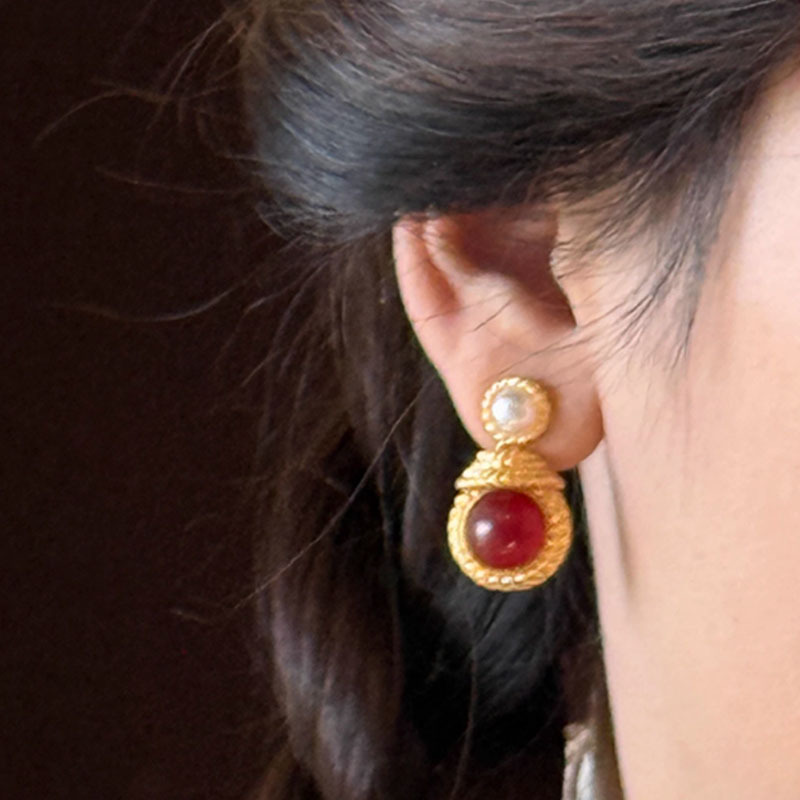 Pearl Handmade Inlaid Zircon National Style Red Earrings