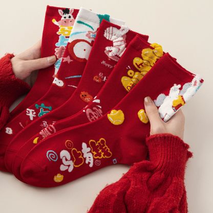 【Buy one, get three】Red Socks for Women in the Year of the Horse  Autumn Winter Mid-Calf Socks 