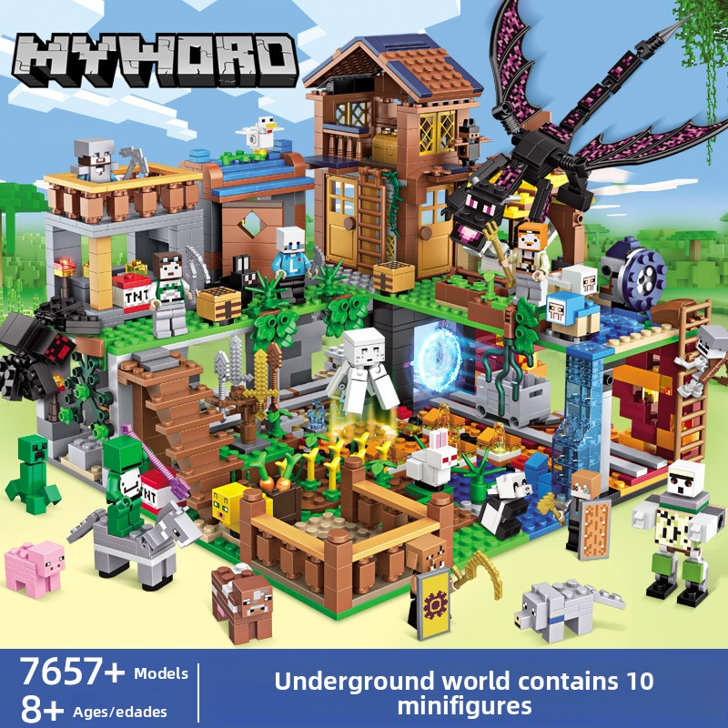 Compatible with Lego: My Block World Village, House, Cave, Hut, Ender Dragon - Children's Boys' Building Block Toy Gift
