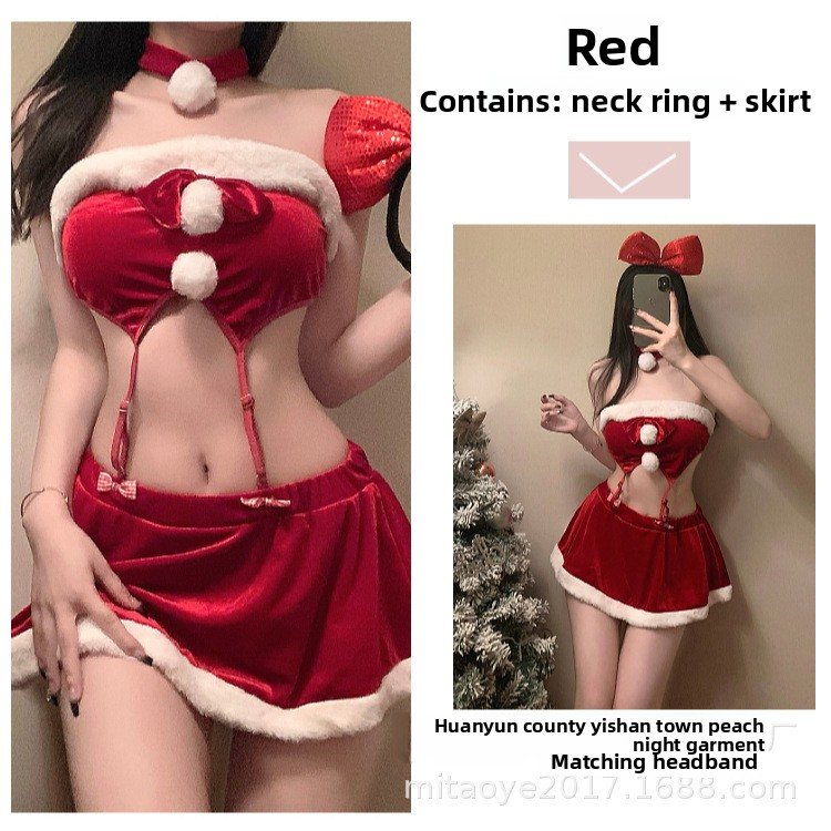 Sexy Red Plush Christmas Dress with Bowknot