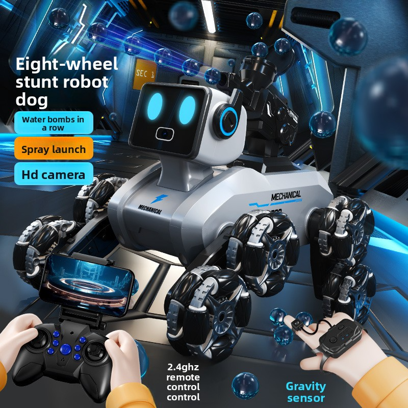 New AI robot dog with eight wheels, capable of stunt climbing, drifting, gesture-sensing remote control, water bullet launching, spraying, and摄像 (Note: "摄像" here refers to "camera" function, so the complete translation is: New AI robot dog with eight whee