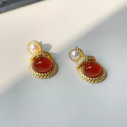 Pearl Handmade Inlaid Zircon National Style Red Earrings