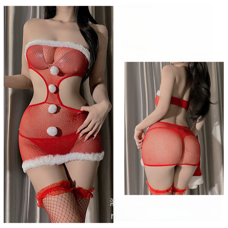 Sexy Red Plush Christmas Dress with Bowknot