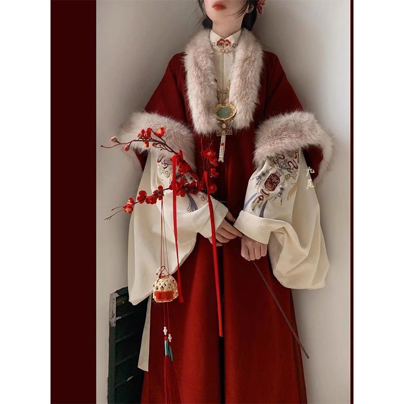 New Year Red Hanfu Celebration Outfit Double-Breasted Long Shirt with Horse Face Skirt