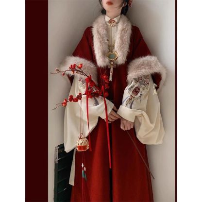 New Year Red Hanfu Celebration Outfit Double-Breasted Long Shirt with Horse Face Skirt