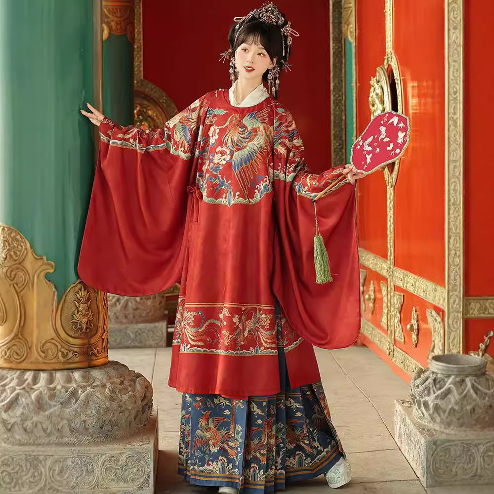 Ming Dynasty Style Long Shirt Round Neck Robe Horse Face Skirt Heavy Craft Print Autumn Winter Set