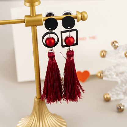Burgundy Rope Tassel Long Earrings