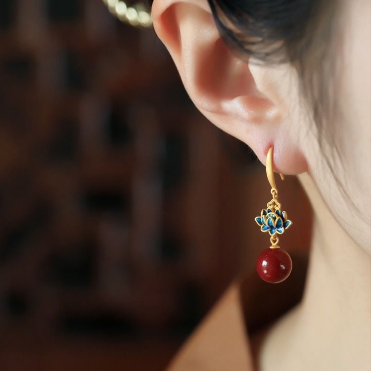 Lotus Earrings for Women Red New Chinese Style National Style