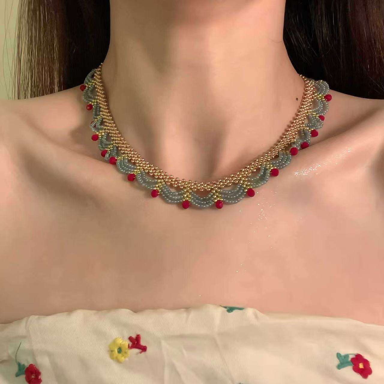 Chinese Style Pendant Wind Contrast Color Beaded Tassel Necklace Double Layer