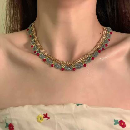 Chinese Style Pendant Wind Contrast Color Beaded Tassel Necklace Double Layer