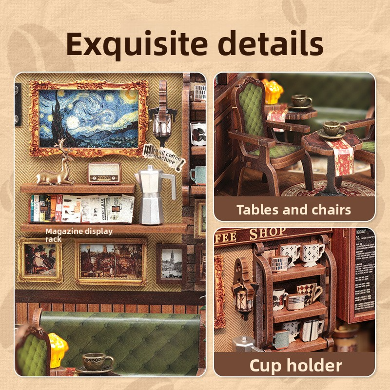 CuteBee Street Corner Coffee Shop Miniature Scene Model DIY Assembly Handmade 3D Stereo Cabin Toy Gift