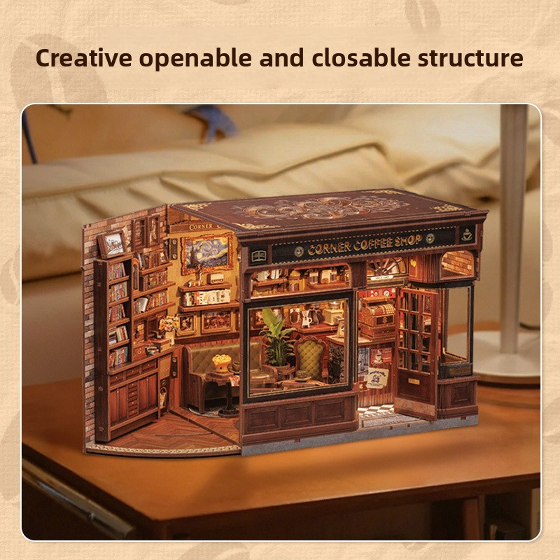 CuteBee Street Corner Coffee Shop Miniature Scene Model DIY Assembly Handmade 3D Stereo Cabin Toy Gift