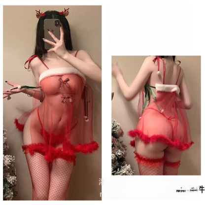 Sexy Red Plush Christmas Dress with Bowknot