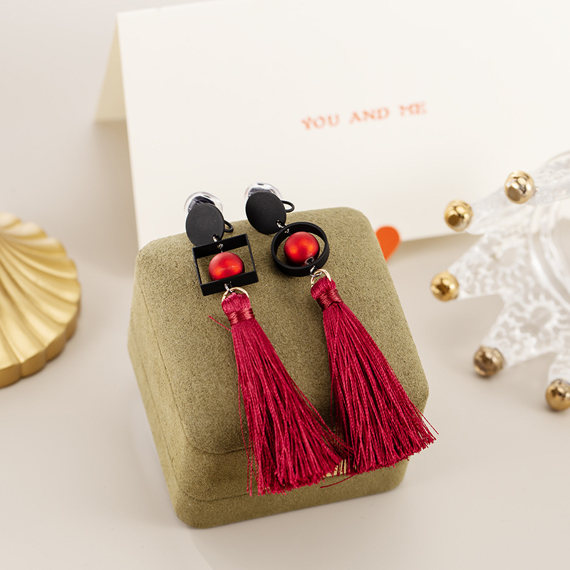 Burgundy Rope Tassel Long Earrings