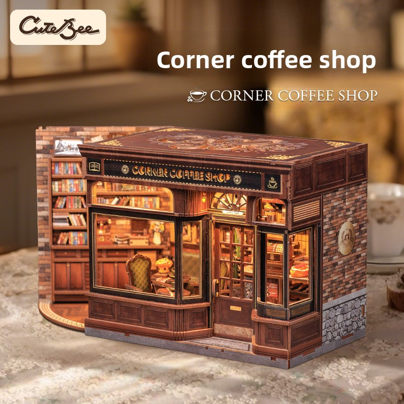 CuteBee Street Corner Coffee Shop Miniature Scene Model DIY Assembly Handmade 3D Stereo Cabin Toy Gift