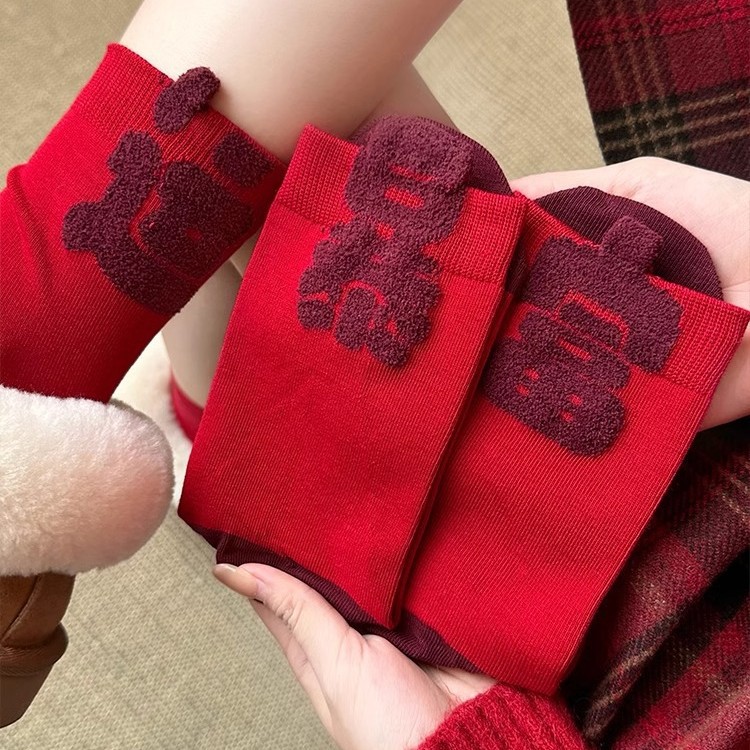 New Year Prosperity Good Luck Red Socks~2025 Zodiac Year Wealth Cotton Socks Autumn Winter Women Personality AB 3D Letters