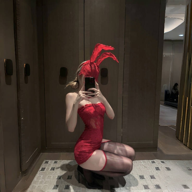  Sexy Lingerie Red Sexy Nightdress Lace Temptation Bunny Girl