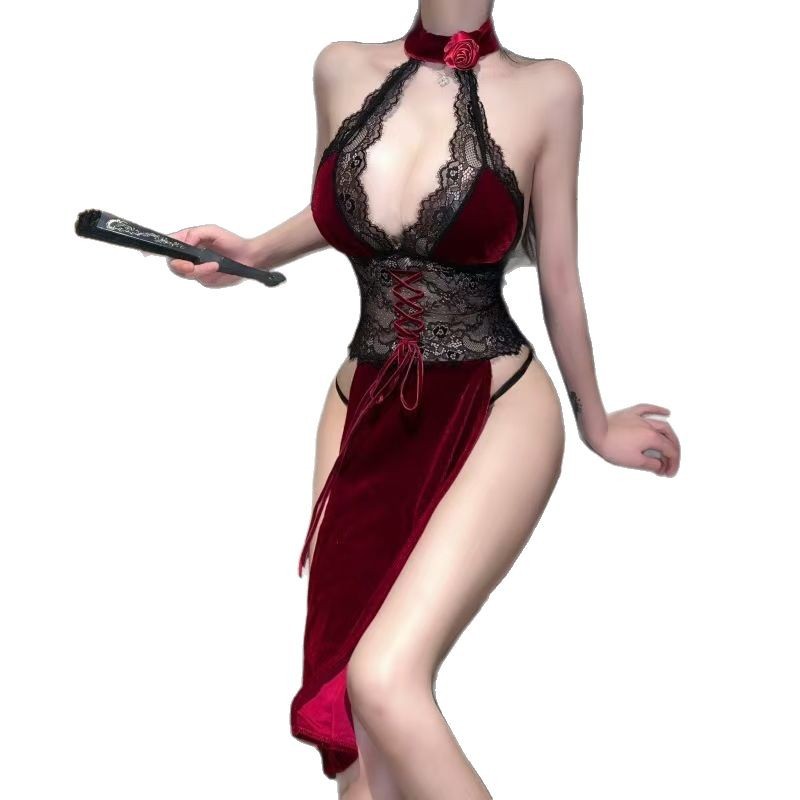 Sexy Lingerie Sexy Women's Pajamas Hollow Backless Lace Cheongsam Easy to Take off Private Room Nightdress 