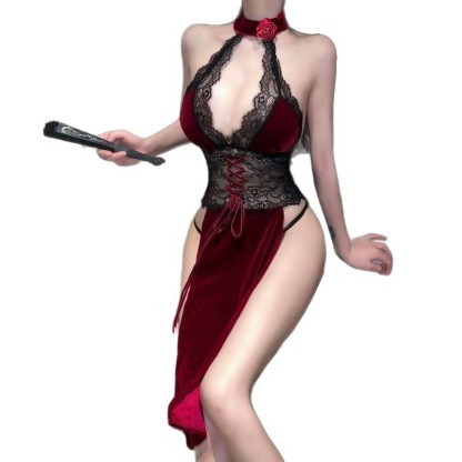 Sexy Lingerie Sexy Women's Pajamas Hollow Backless Lace Cheongsam Easy to Take off Private Room Nightdress 